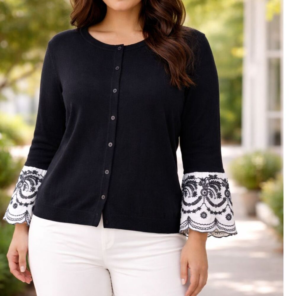 Charter Club Black Button-Front Cardigan with Embroidered Lace Bell Cuffs XL